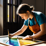 A skilled stained glass artisan in a professional workshop apron over modest clothing, gently cutting a piece of vibrant cathedral glass with a diamond-tip glass cutter. The scene is set in a brightly lit, organized stained glass studio. Various tools like lead came, copper foil, and numerous colored glass sheets are neatly arranged on a workbench in the background. Natural light streams through a large window, subtly illuminating dust particles in the air, creating a serene atmosphere. professional photography, high detail, studio lighting, perfect anatomy, correct proportions, natural pose, well-formed hands, proper finger count, natural body proportions, safe for work, appropriate content, fully clothed, professional dress, modest clothing, family-friendly.