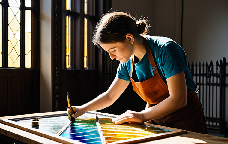 A skilled stained glass artisan in a professional workshop apron over modest clothing, gently cutting a piece of vibrant cathedral glass with a diamond-tip glass cutter. The scene is set in a brightly lit, organized stained glass studio. Various tools like lead came, copper foil, and numerous colored glass sheets are neatly arranged on a workbench in the background. Natural light streams through a large window, subtly illuminating dust particles in the air, creating a serene atmosphere. professional photography, high detail, studio lighting, perfect anatomy, correct proportions, natural pose, well-formed hands, proper finger count, natural body proportions, safe for work, appropriate content, fully clothed, professional dress, modest clothing, family-friendly.