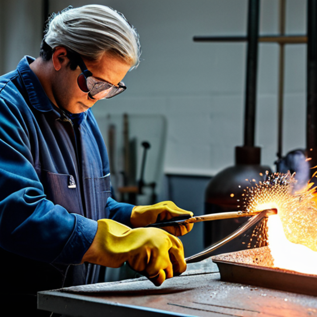 Glassblowing Studio Safety**

"A professional glassblower, fully clothed in appropriate attire, demonstrating safe techniques in a well-lit and ventilated glassblowing studio. The artist is wearing safety glasses and gloves, working with molten glass using specialized tools. The scene showcases proper studio setup with fire extinguisher visible. Safe for work, appropriate content, professional, perfect anatomy, natural proportions, well-formed hands, proper finger count, modest clothing, high quality, professional photography."

**
