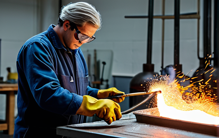 Glassblowing Studio Safety**

"A professional glassblower, fully clothed in appropriate attire, demonstrating safe techniques in a well-lit and ventilated glassblowing studio. The artist is wearing safety glasses and gloves, working with molten glass using specialized tools. The scene showcases proper studio setup with fire extinguisher visible. Safe for work, appropriate content, professional, perfect anatomy, natural proportions, well-formed hands, proper finger count, modest clothing, high quality, professional photography."

**