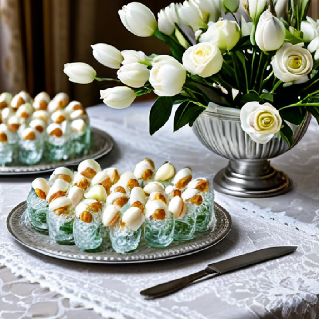 **
"Elegant glass bonbonnieres filled with sugared almonds, displayed on a lace tablecloth, surrounded by delicate floral arrangements, soft lighting, fully clothed, appropriate content, safe for work, perfect anatomy, natural proportions, professional, modest, family-friendly, well-formed hands, proper finger count, natural body proportions."
**