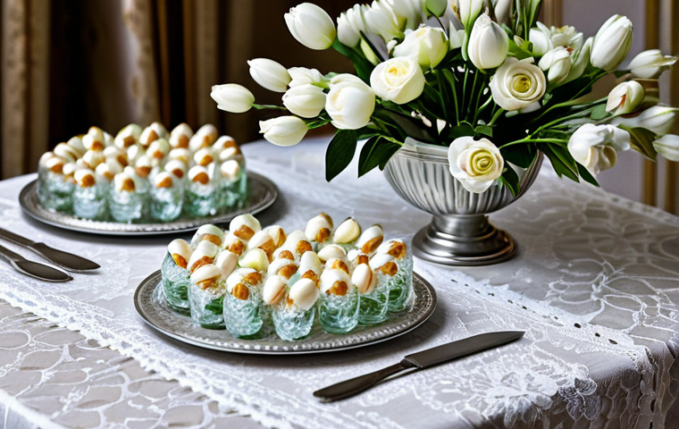 **

"Elegant glass bonbonnieres filled with sugared almonds, displayed on a lace tablecloth, surrounded by delicate floral arrangements, soft lighting, fully clothed, appropriate content, safe for work, perfect anatomy, natural proportions, professional, modest, family-friendly, well-formed hands, proper finger count, natural body proportions."

**