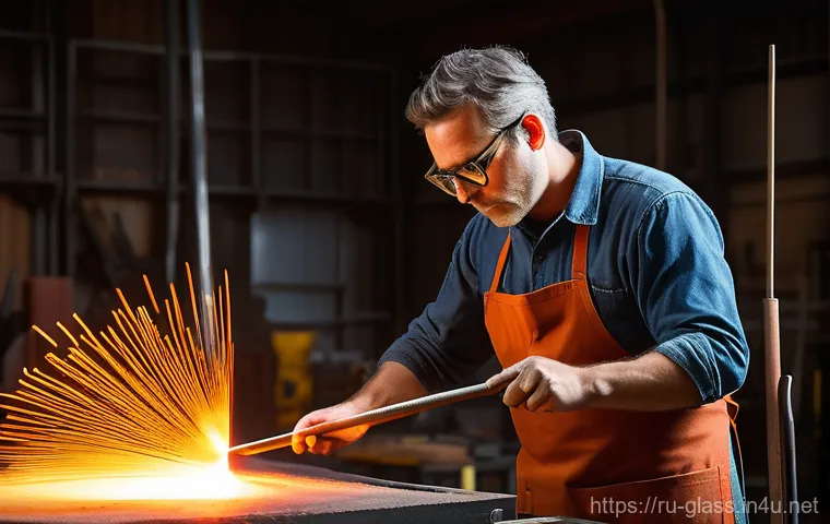 유리공예 관련 유명 작가 소개 - A highly skilled glassblower, focused and intent, wearing a durable apron and safety glasses, active...