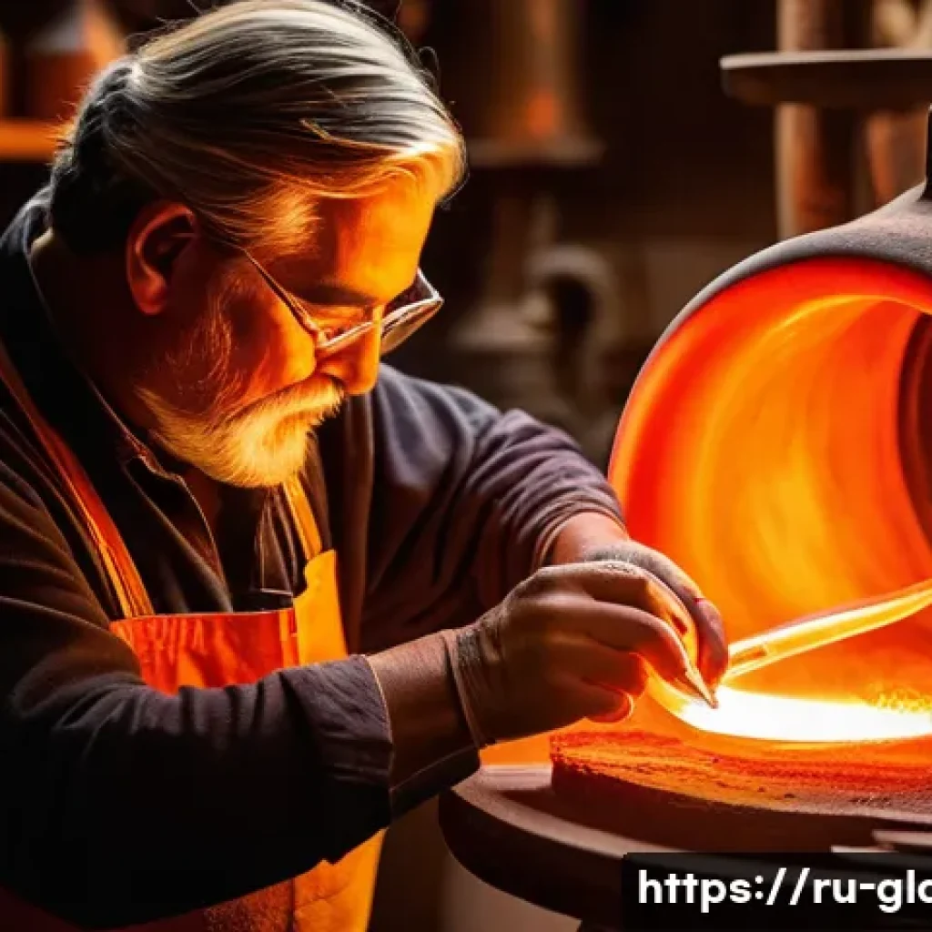 유리공예와 디지털 패턴 인쇄 - A skilled glassblower in a traditional workshop, carefully shaping glowing molten glass on a rotatin...