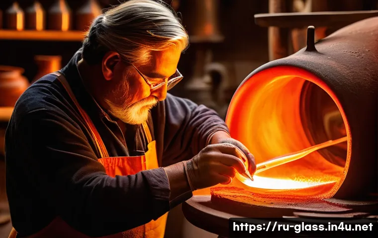 유리공예와 디지털 패턴 인쇄 - A skilled glassblower in a traditional workshop, carefully shaping glowing molten glass on a rotatin...