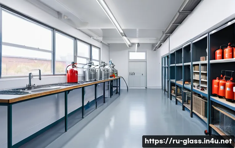 유리공예 공방 위치 선정 노하우 - A spacious glassblowing workshop interior, approximately 50 square meters, with clearly divided zone...