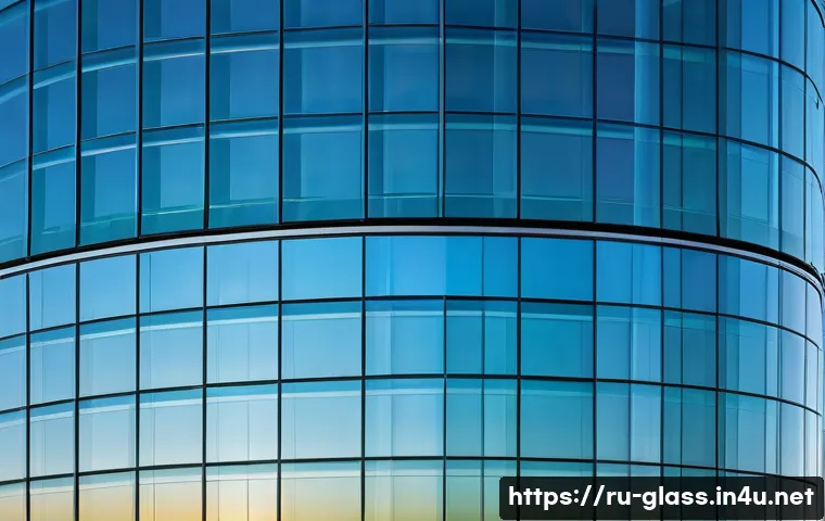 유리공예와 건축 유리 디자인 - A modern architectural facade featuring large multilayer laminated glass panels embedded with nanopa...