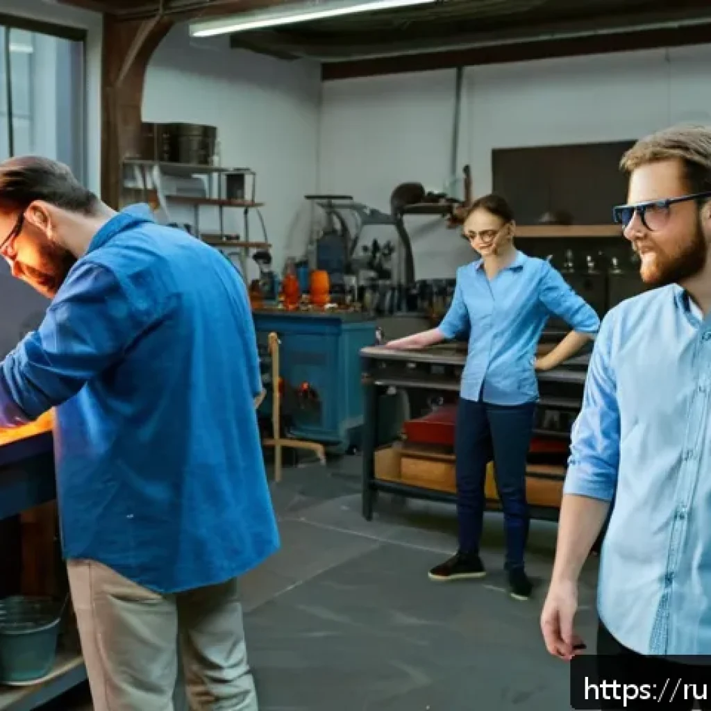 유리공예 공방 위치 추천 - A bright and modern glassblowing studio interior in Moscow, Russia, featuring experienced male and f...
