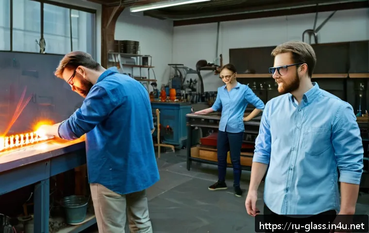 유리공예 공방 위치 추천 - A bright and modern glassblowing studio interior in Moscow, Russia, featuring experienced male and f...