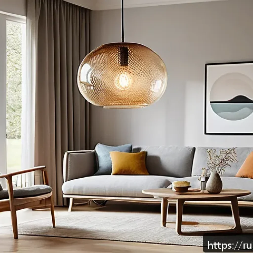유리공예 맞춤형 조명 디자인 - A modern living room interior featuring a handcrafted glass pendant light with organic, flowing shap...