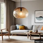 Home 23 유리공예 맞춤형 조명 디자인 - A modern living room interior featuring a handcrafted glass pendant light with organic, flowing shap...