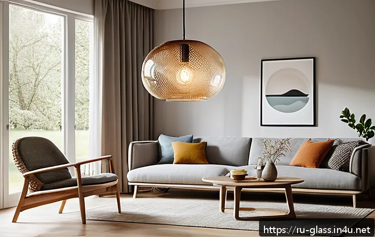 유리공예 맞춤형 조명 디자인 - A modern living room interior featuring a handcrafted glass pendant light with organic, flowing shap...