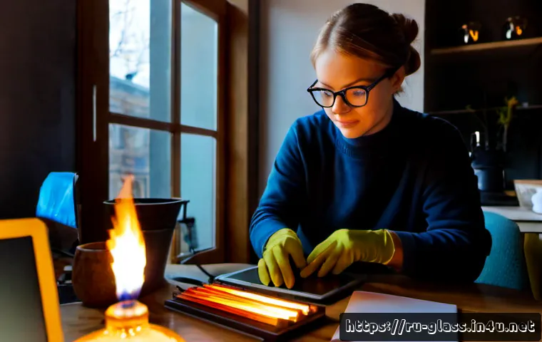Home 17 유리공예 온라인 커뮤니티 활동 - Photorealistic glass artisan in a cozy Moscow apartment studio, wearing protective glasses and heat-...