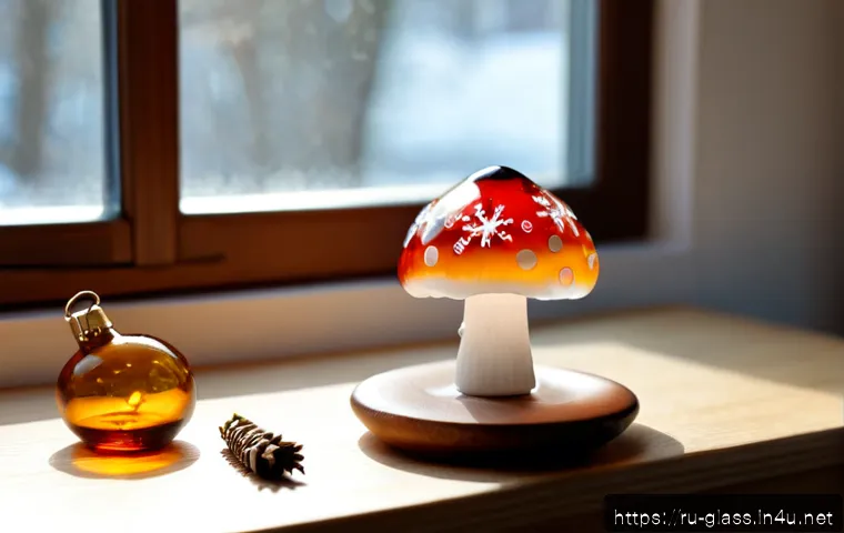 Home 17 유리공예 소품 제작 아이디어 - Photorealistic close-up of a handcrafted glass ornament workspace in a cozy Russian home studio, thr...